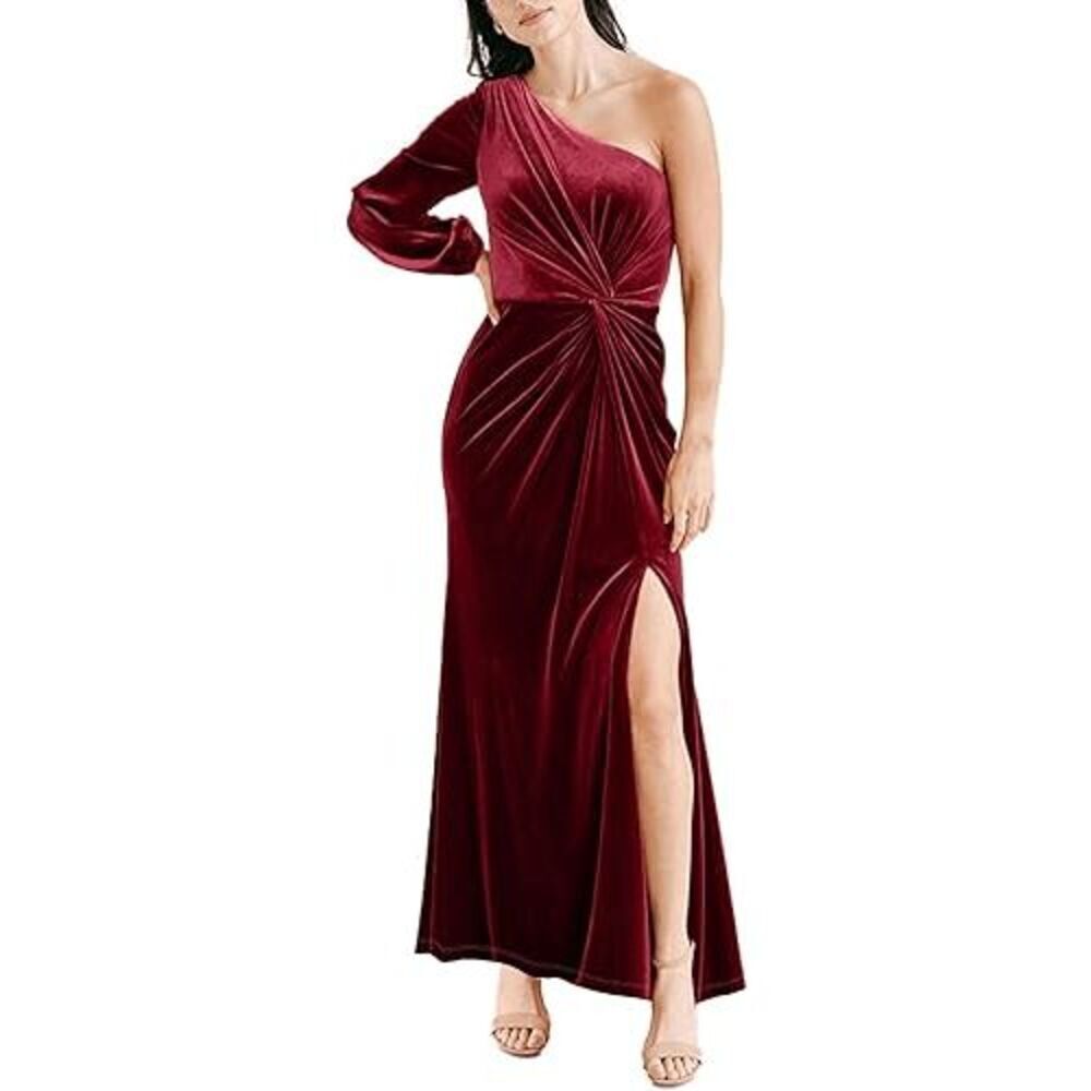 Simplee Women's One Shoulder Long Sleeve Velvet Dress Fall Wedding Guest Long Dr